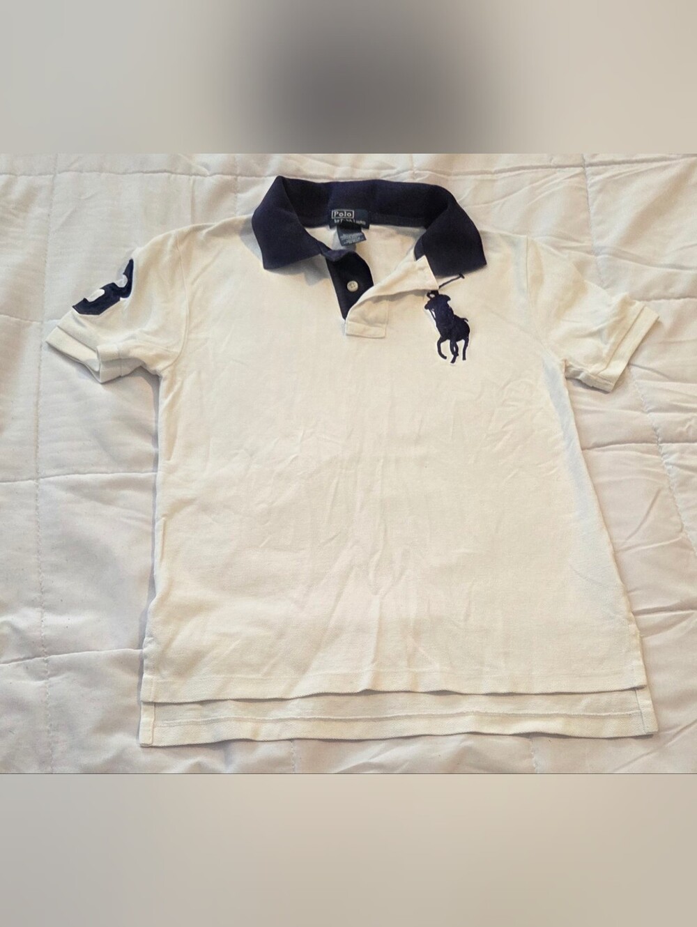 Polo by Ralph Lauren KID's SZ M(8) White Polo with Navy Collar and Logo